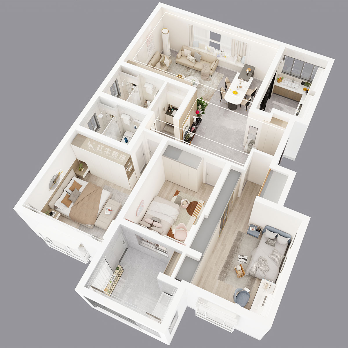 吴波｜枫丹白露8-3-402-140㎡-现代风格｜3室2厅2卫｜新房装修｜定制家｜全包18万｜00_05鸟瞰图